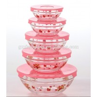 Manufacturer cheap price 5pcs packed round glass bowl food container set with plastic lid